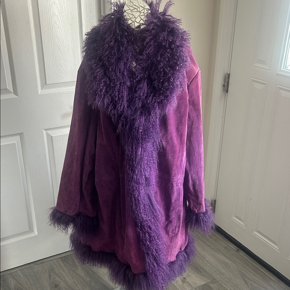 Via Accenti Purple Leather Mongolian Fur Women's Coat - Picture 1 of 16